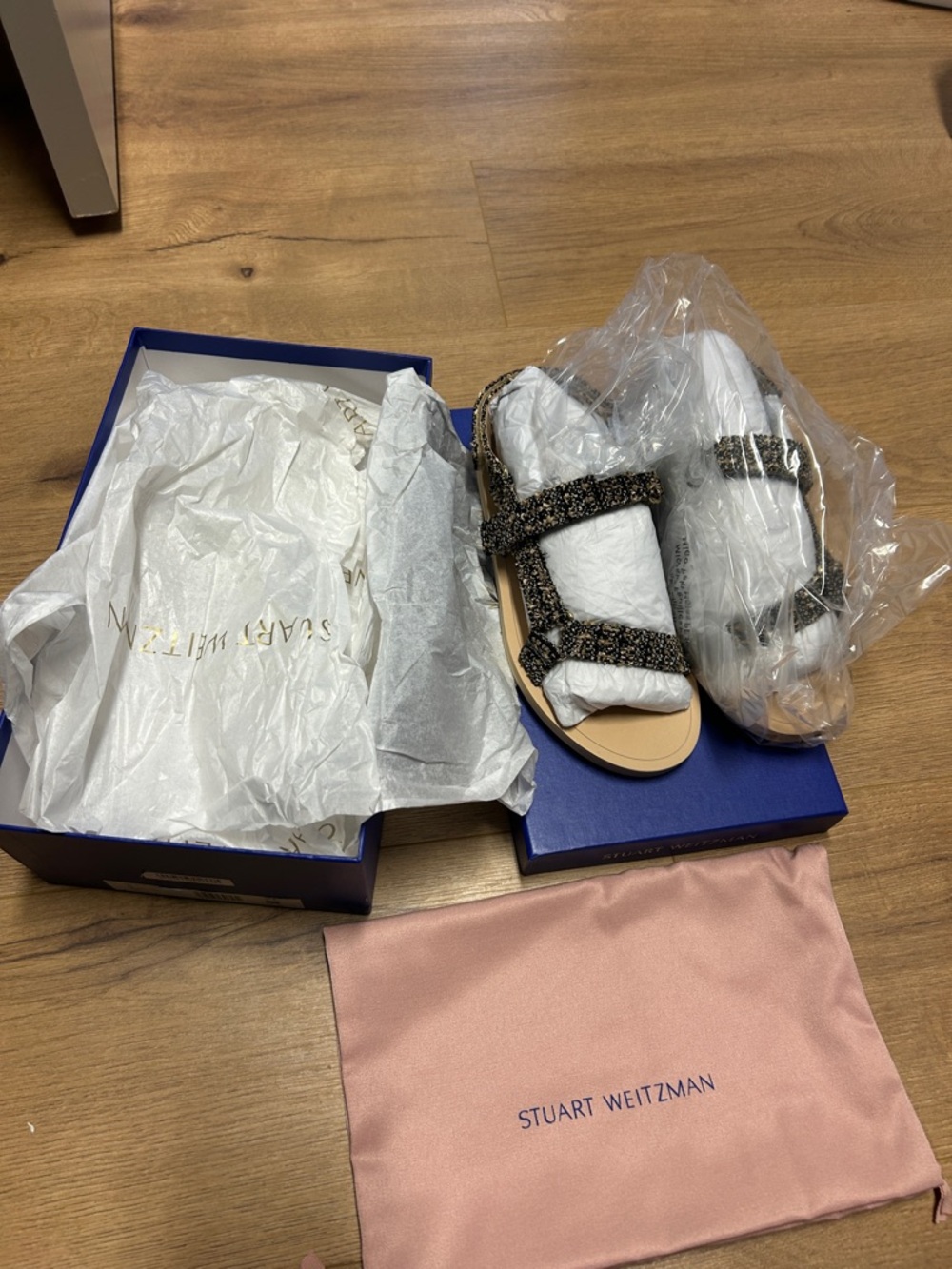 Stuart Weitzman Black and Gold Glitter Flat Sandals